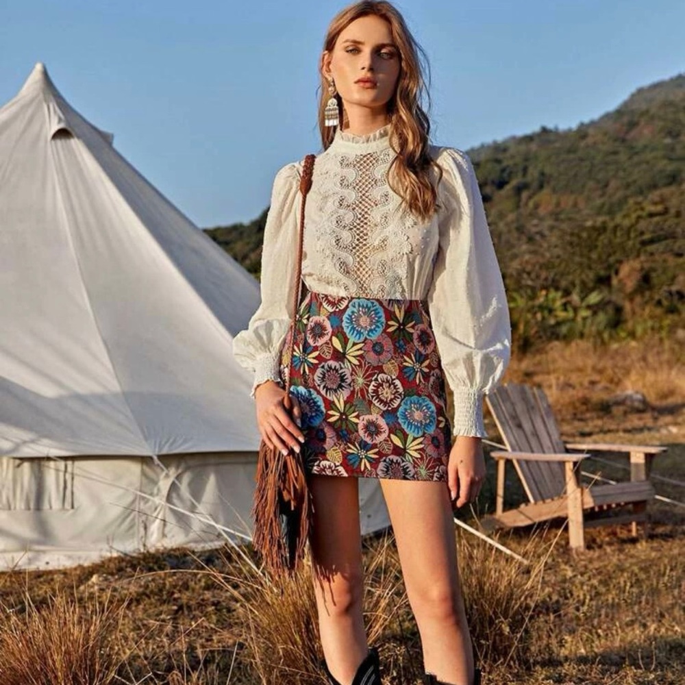 SHEIN Zip Back Floral Jacquard Skirt